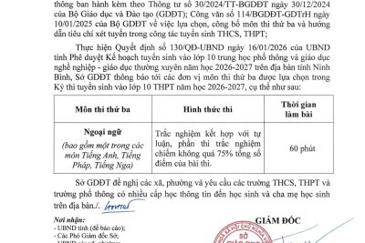 Thông báo môn thi thứ ba trong kì thi tuyển sinh vào 10 THPT năm học 2026-2027